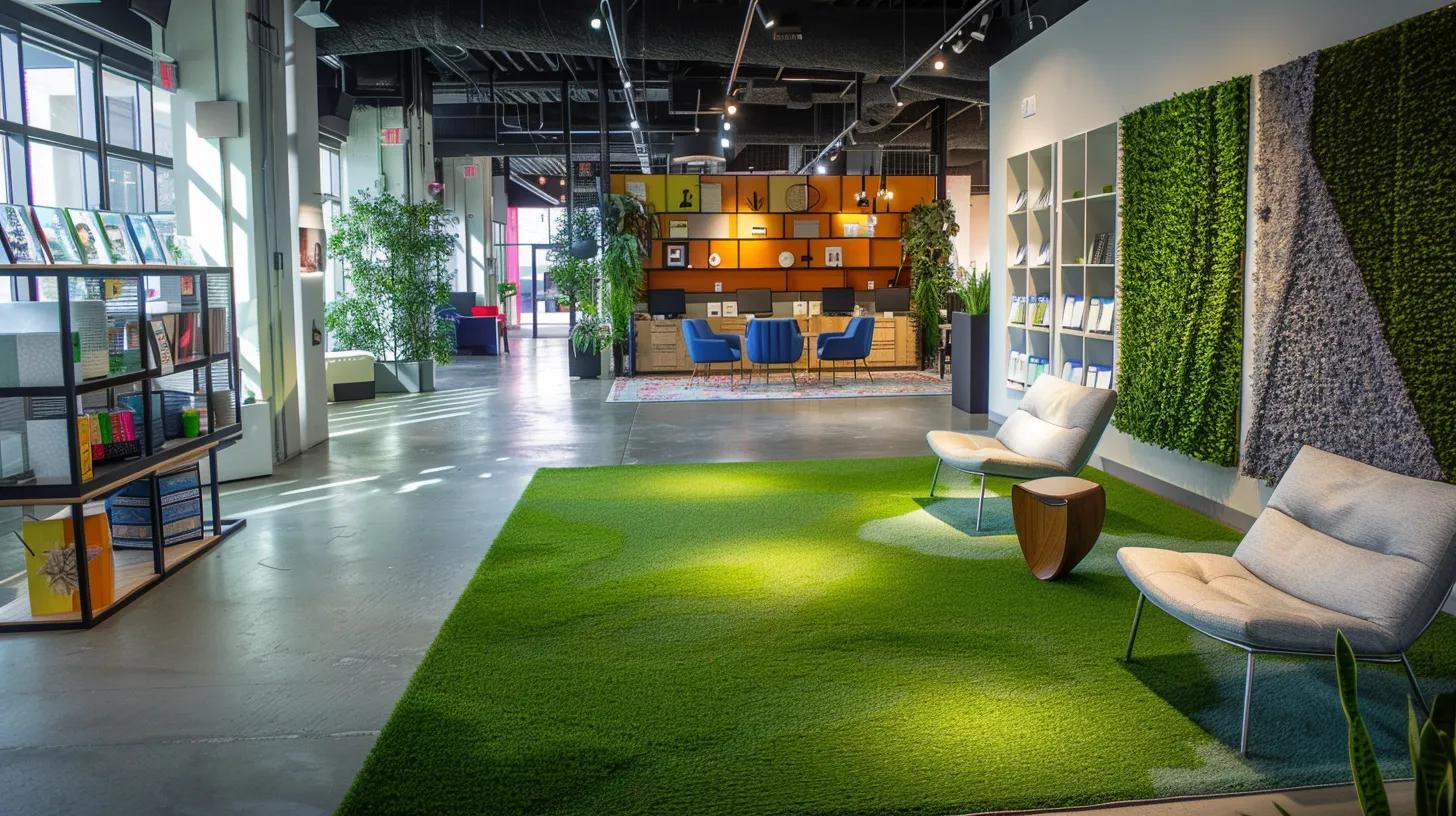 a sleek, modern office space features a vibrant and realistic astro turf installation, highlighting its cost-saving benefits with polished furniture and a display showcasing various eco-friendly artificial turf samples.