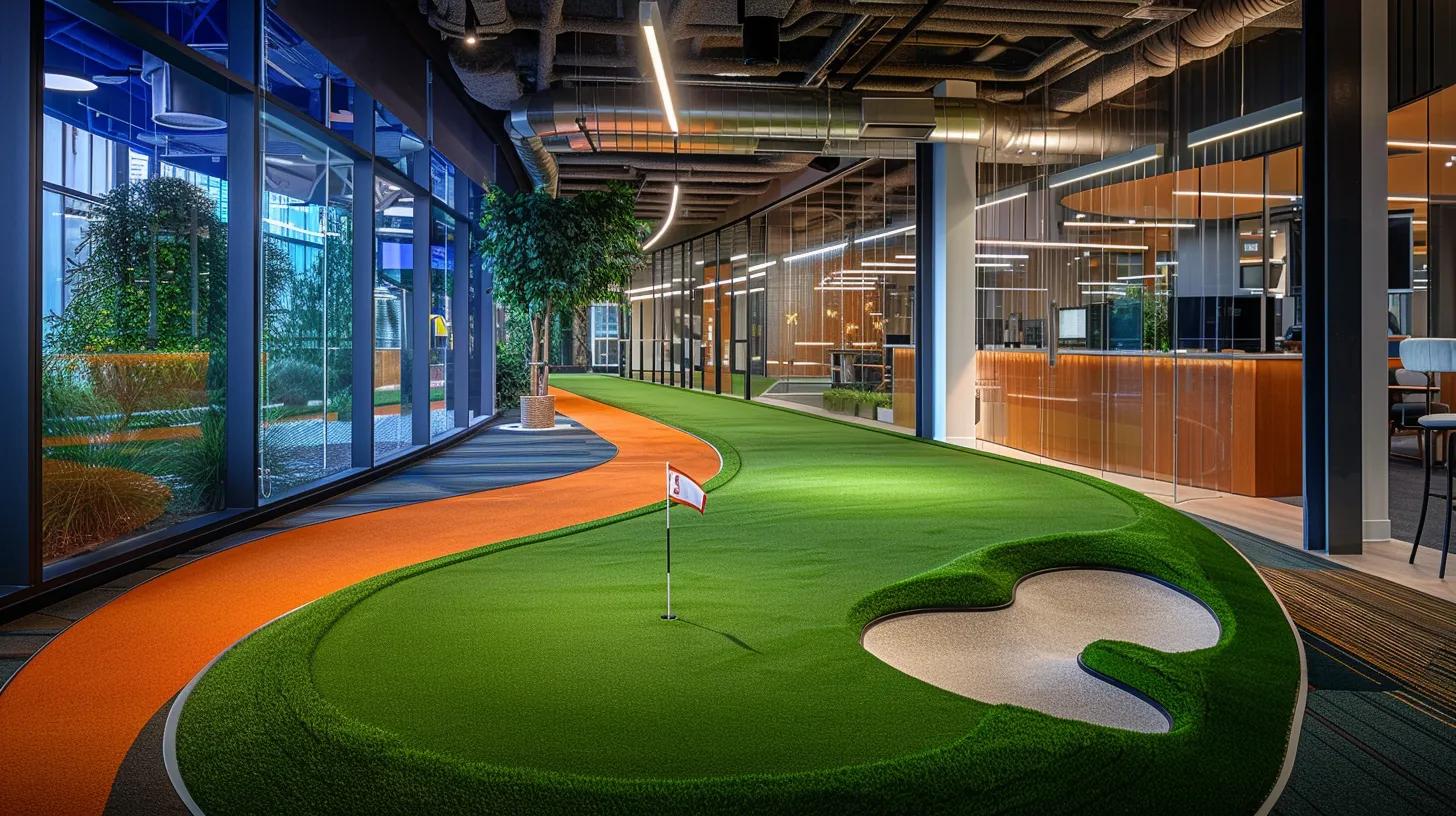 a sleek, modern office space showcases a vibrant synthetic turf putting green, illuminated by bright overhead lights, emphasizing the seamless integration of eco-friendly design into urban living.