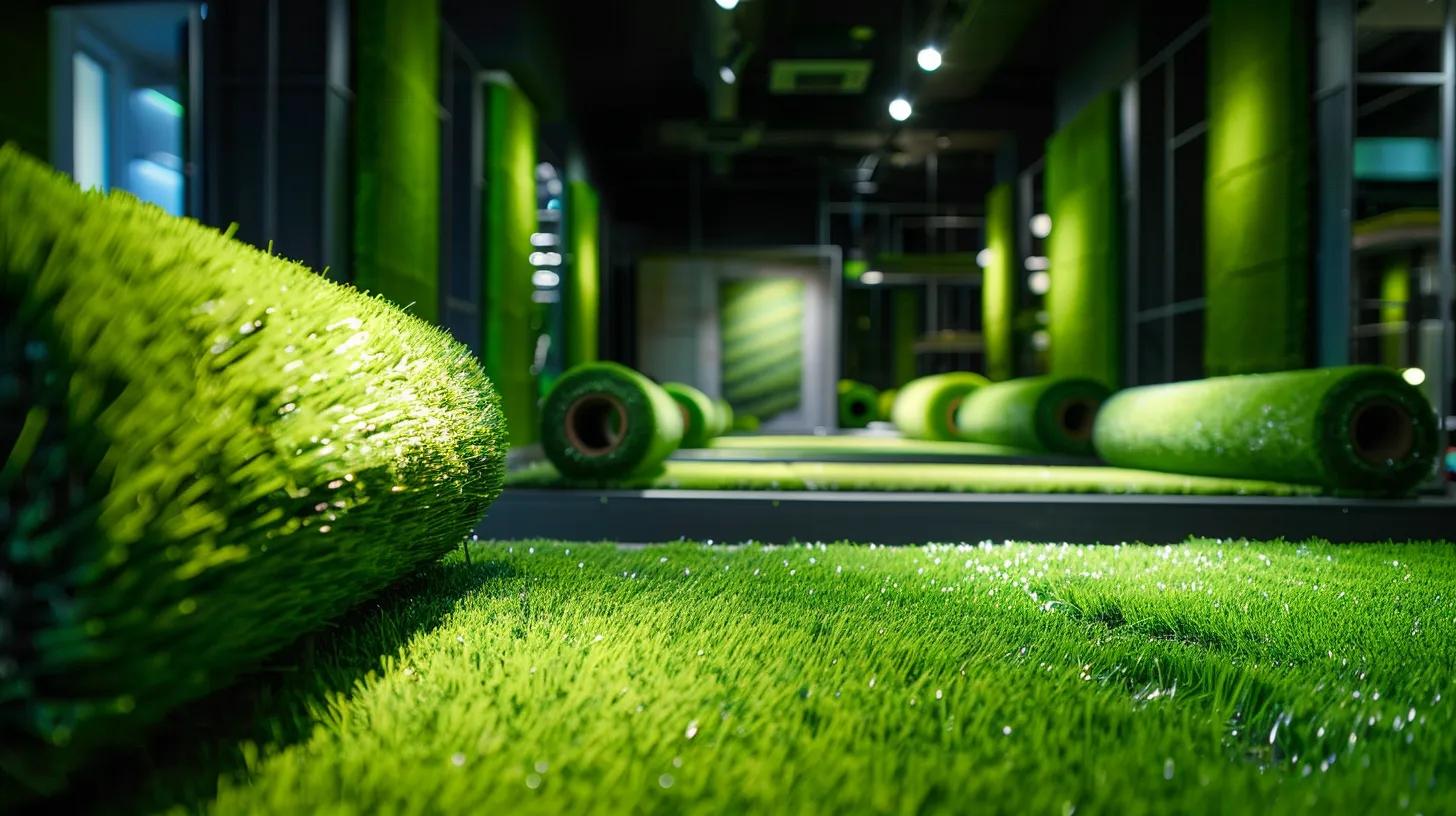 a sleek, modern showroom displays vibrant rolls of affordable wholesale artificial turf grass, highlighting its rich green hues under bright, focused lighting, emphasizing its durability and appeal in an indoor urban environment.