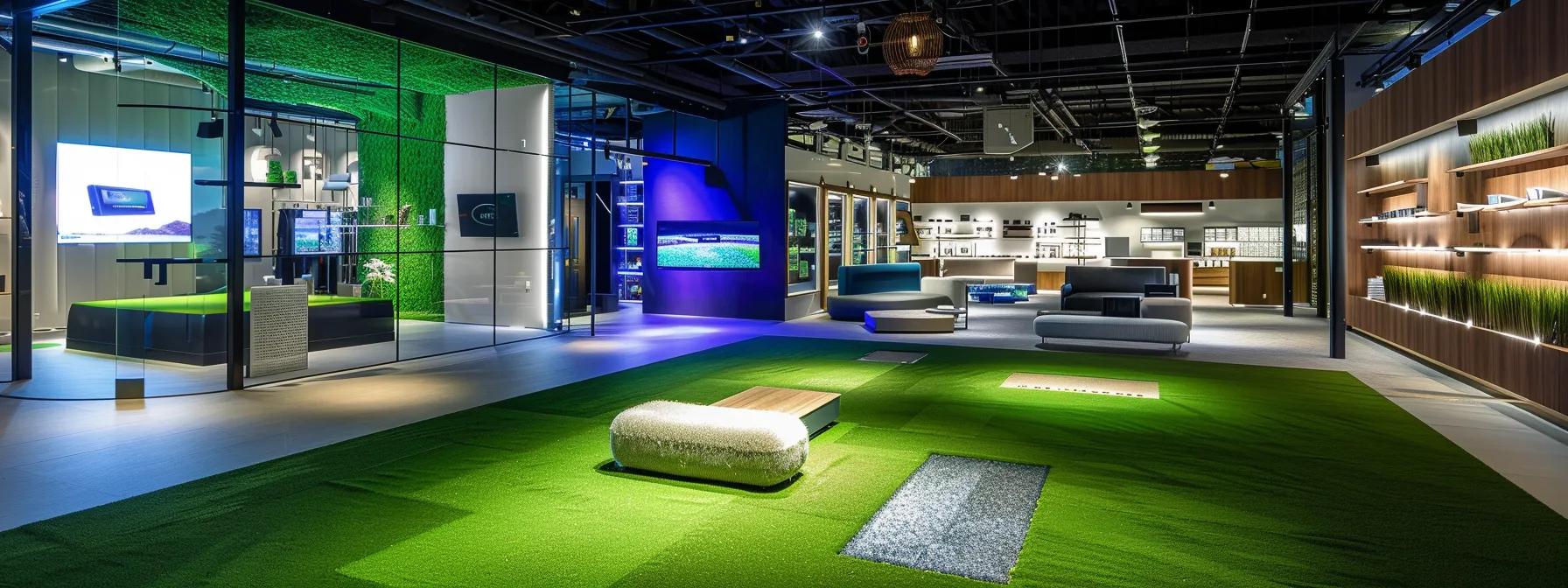 a sleek, modern showroom in phoenix showcases vibrant displays of high-quality synthetic grass, emphasizing innovation and sustainability within the artificial turf industry.