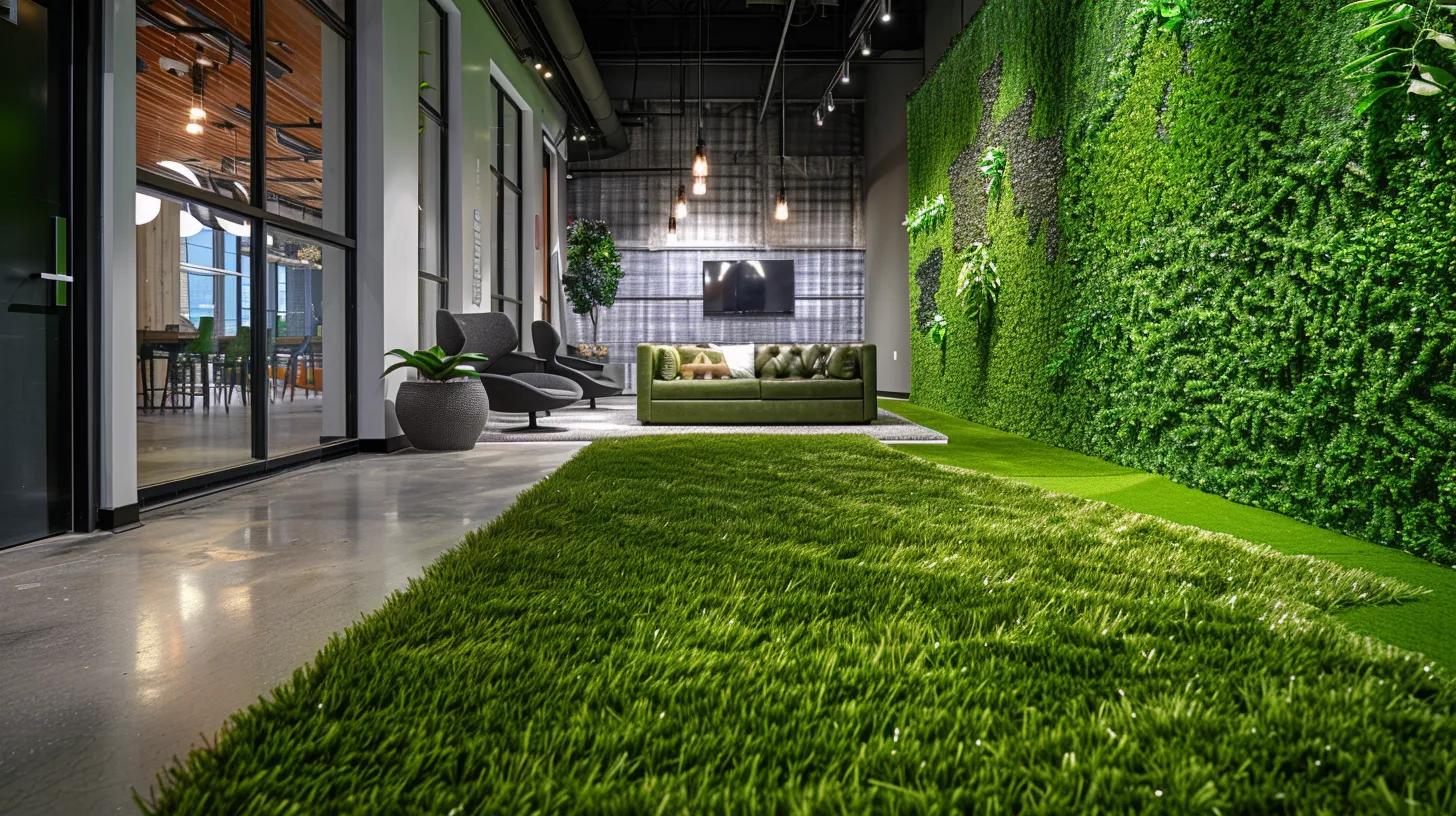 a sleek urban showroom features lifelike artificial turf installations, showcasing an array of vibrant fiber compositions and textures under bright, modern lighting, emphasizing their realistic appearance and durability.