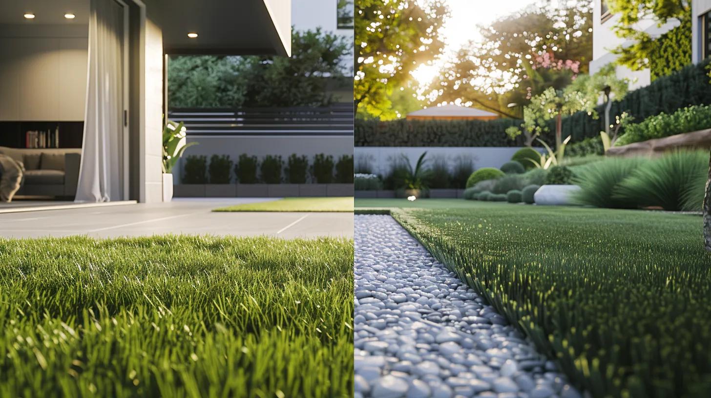 a striking side-by-side comparison of a vibrant, realistic turf grass lawn and a neatly trimmed synthetic turf area, both showcased in a modern backyard setting, emphasizing their contrasting textures and colors under sharp, even lighting.