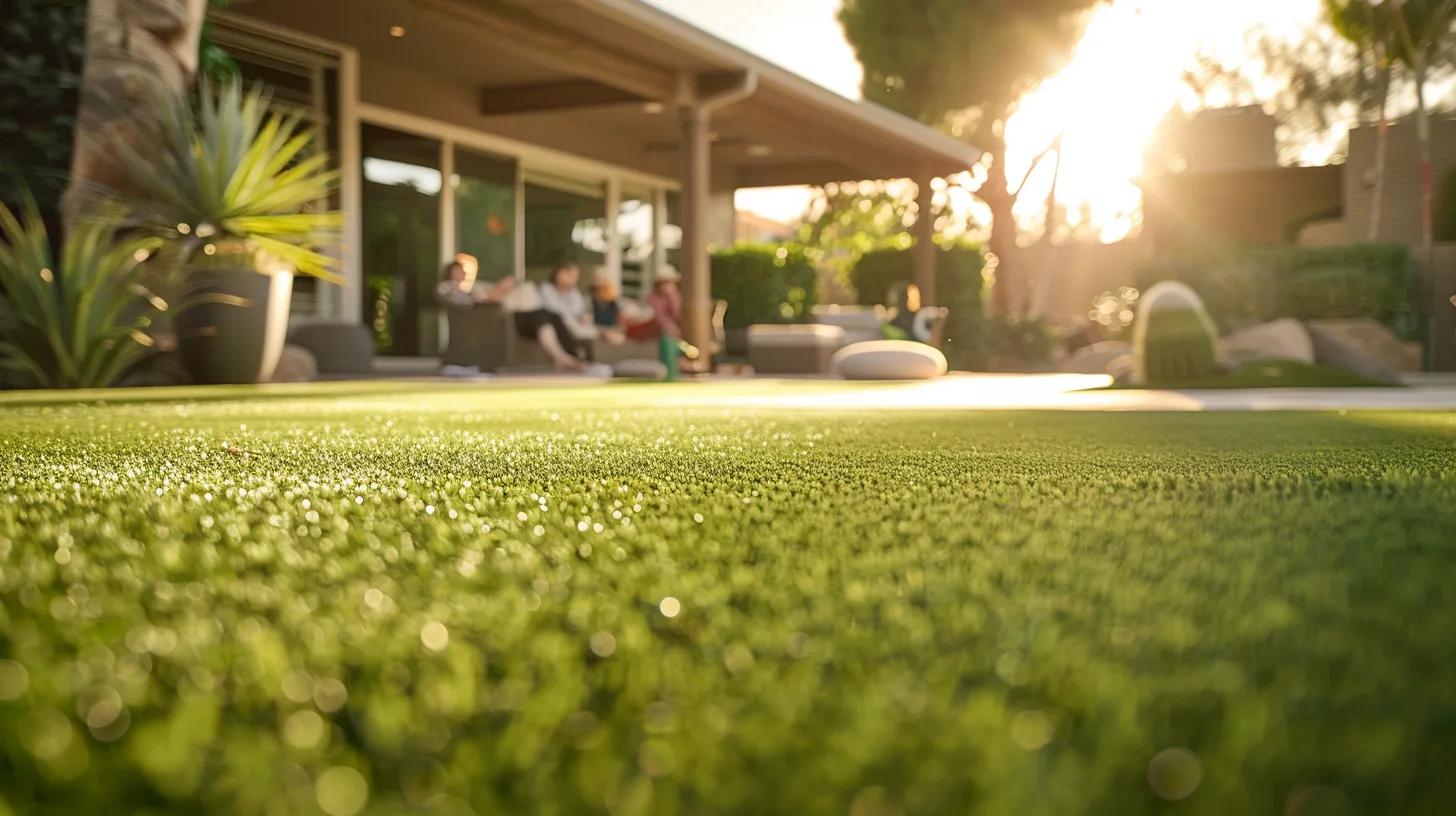 a vibrant and meticulously designed backyard putting green made from high-performance artificial turf, showcasing its realistic texture and durability under the blazing phoenix sun, with a group of friends enjoying a game nearby.