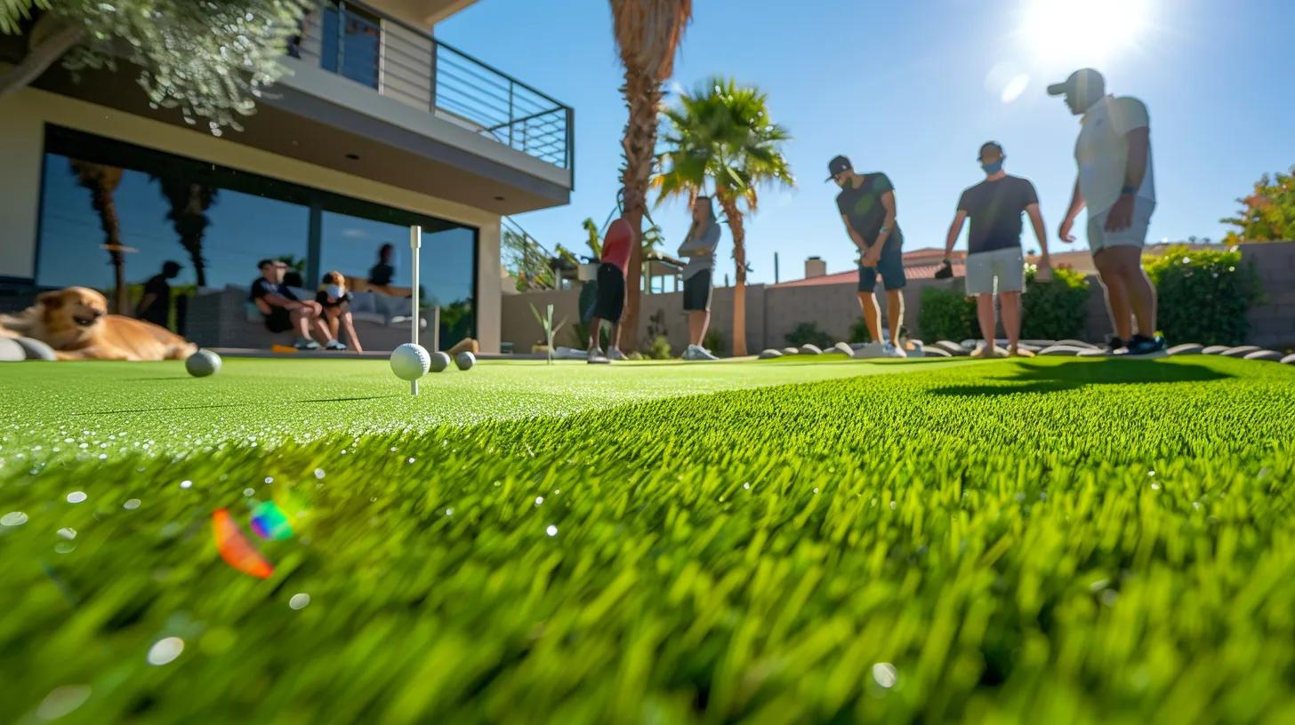 a vibrant backyard putting green in a phoenix setting, showcasing expertly laid synthetic grass, with a group of friends enjoying a friendly game while a playful dog interacts in the background under a clear blue sky.