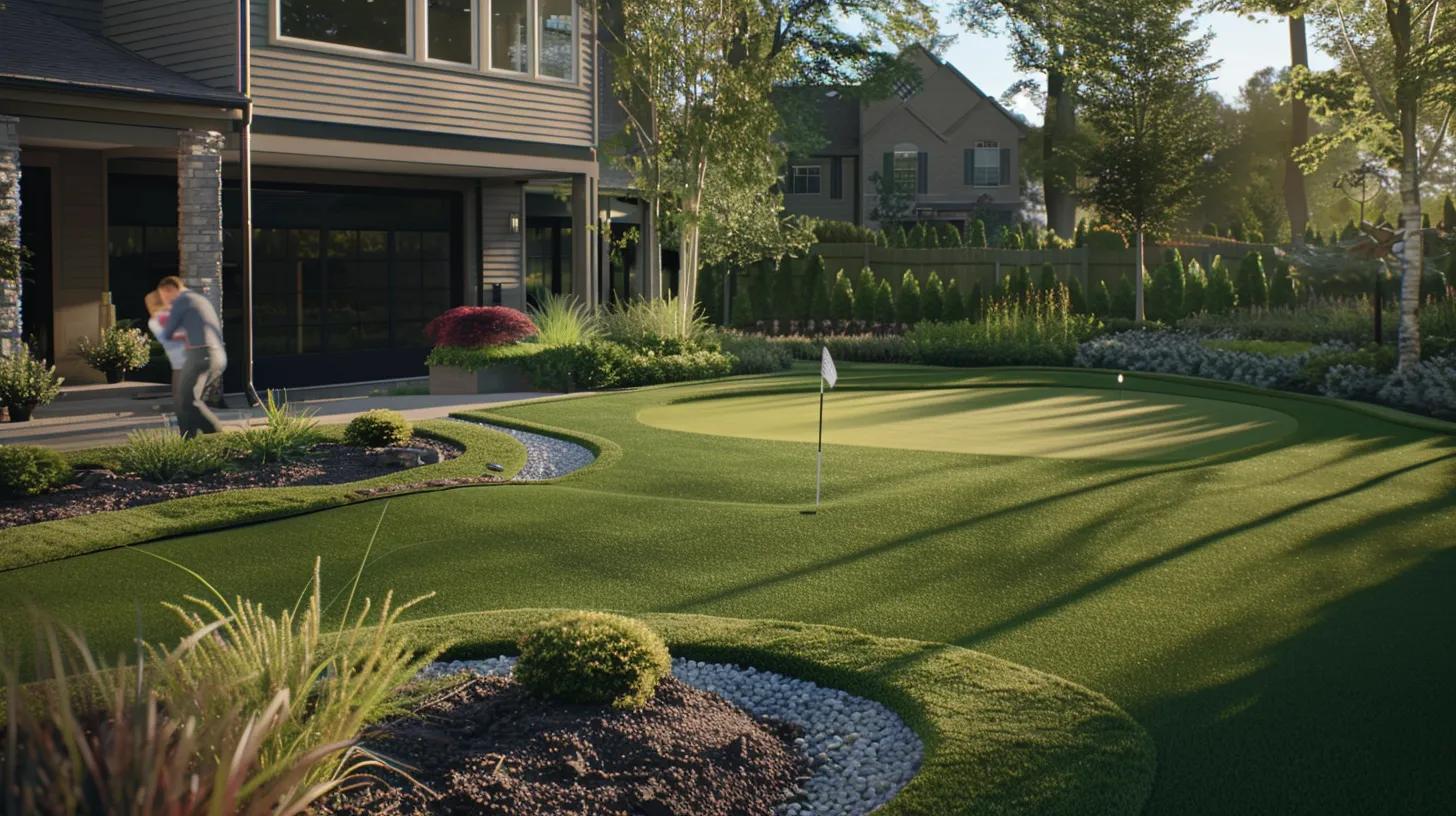 a vibrant backyard putting green featuring high-quality synthetic turf, surrounded by engaged families playing and relaxing, with modern landscaping elements that highlight its multifunctional design and aesthetic appeal.