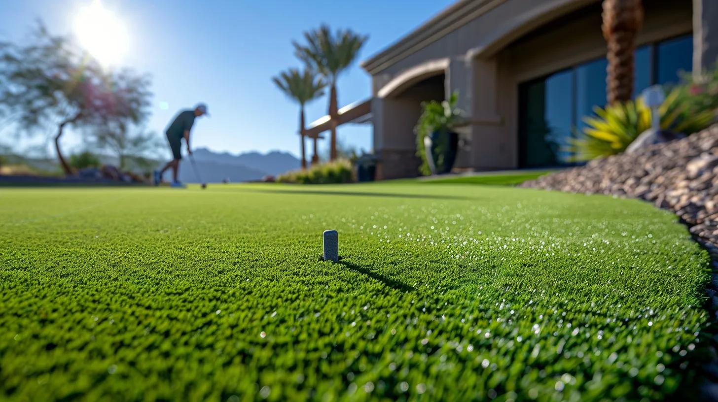 a vibrant backyard putting green, meticulously maintained with fresh artificial turf, features a golfer practicing their swing under bright phoenix sun, showcasing the importance of upkeep and longevity.
