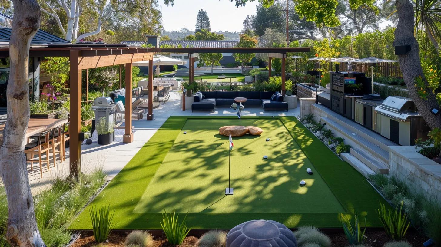a vibrant backyard putting green boasts integrated seating areas and a sleek outdoor sound system, with families and friends enjoying lively conversations while playing on lush synthetic turf under a stylish pergola.
