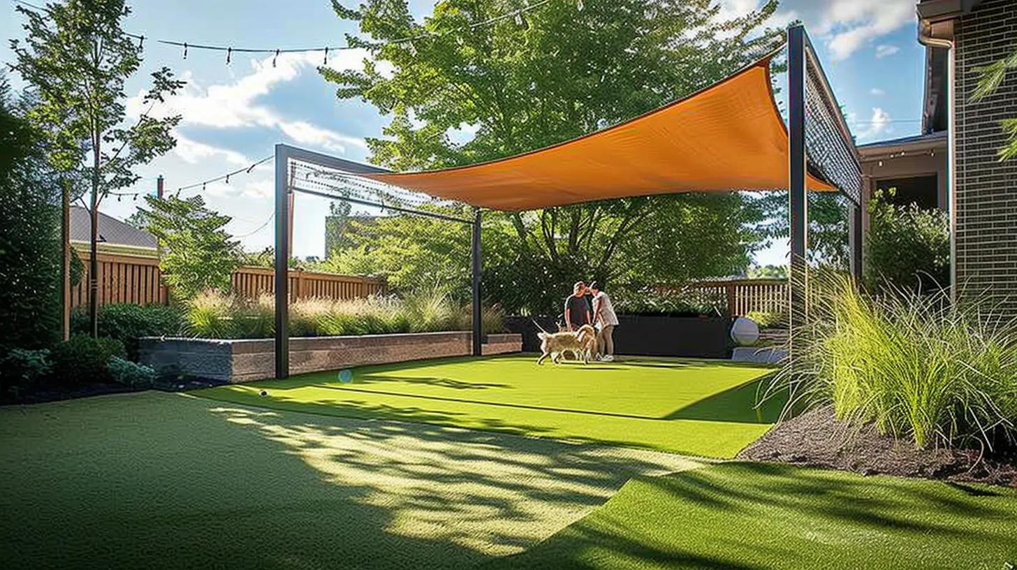 a vibrant backyard putting green, designed with subtle slopes and integrated seating areas, showcases a family enjoying a game with their dog under a stylish shade structure, highlighting the functional elegance of artificial turf in an urban home setting.