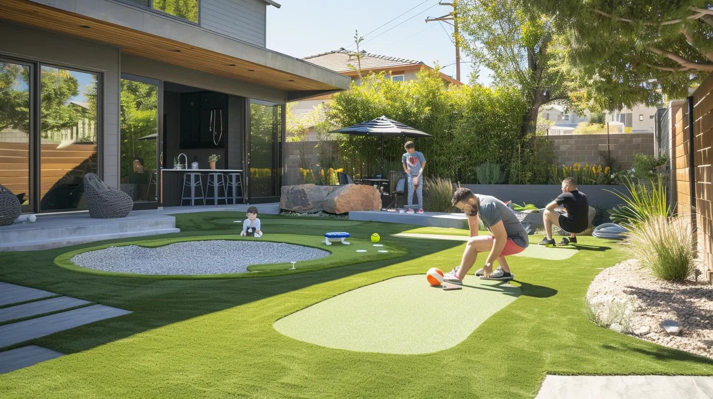 a vibrant backyard scene features a meticulously designed custom putting green with engineered slopes and integrated seating, where a family is engaged in a friendly game, showcasing the quality of high-performance artificial turf in an inviting urban outdoor setting.