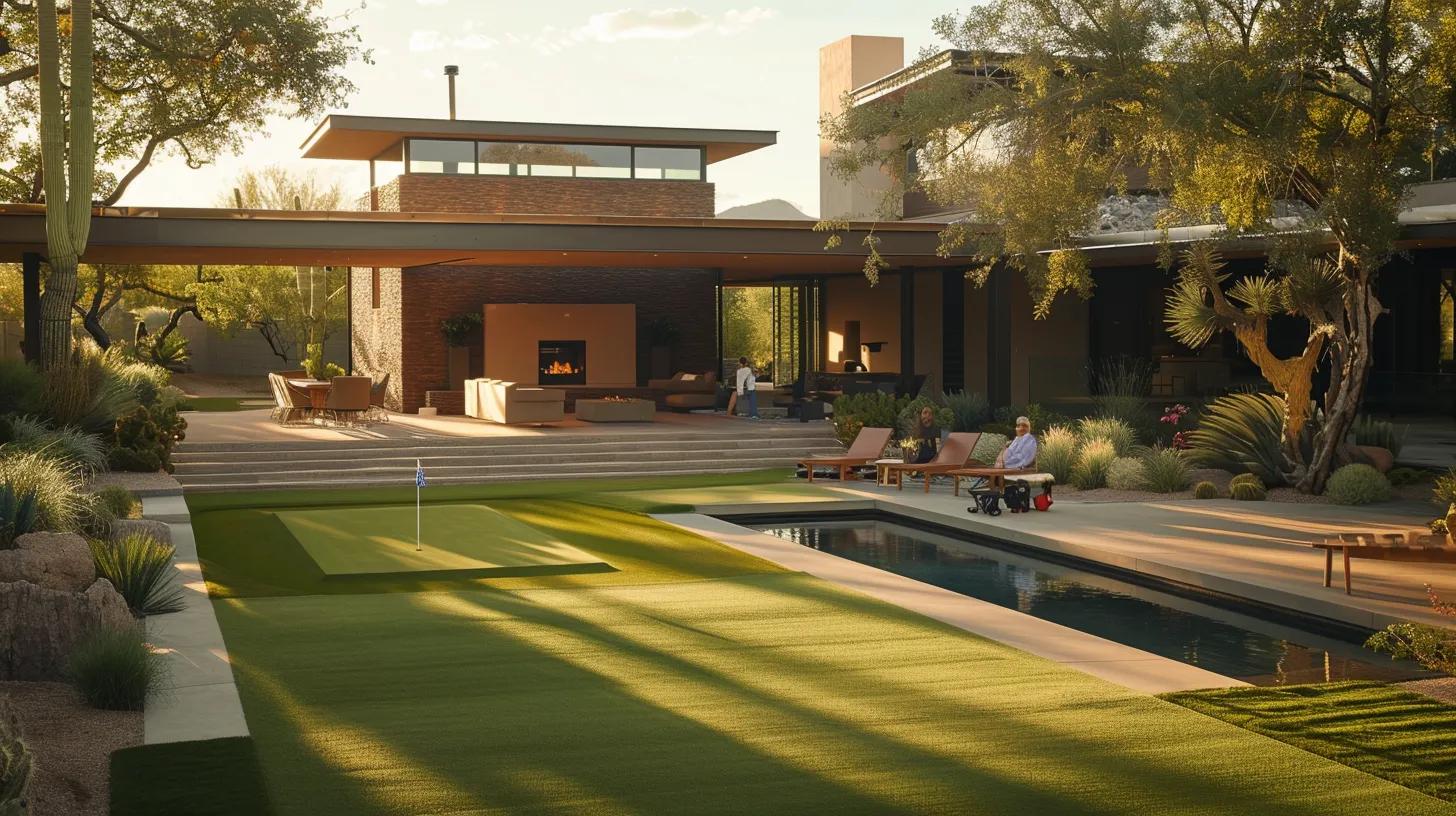 a vibrant backyard scene in phoenix features a meticulously designed putting green made of artificial turf, with a family enjoying a sunny afternoon, showcasing the perfect blend of leisure and sophistication.