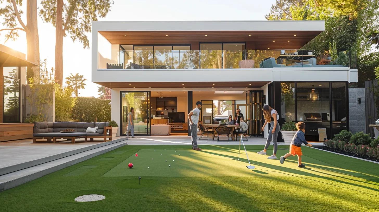 a vibrant backyard scene showcases a sleek, professionally installed artificial putting green, with a family engaging in playful interactions, surrounded by modern outdoor furniture and a backdrop of a contemporary home, highlighting the advantages of expert craftsmanship in enhancing outdoor living spaces.