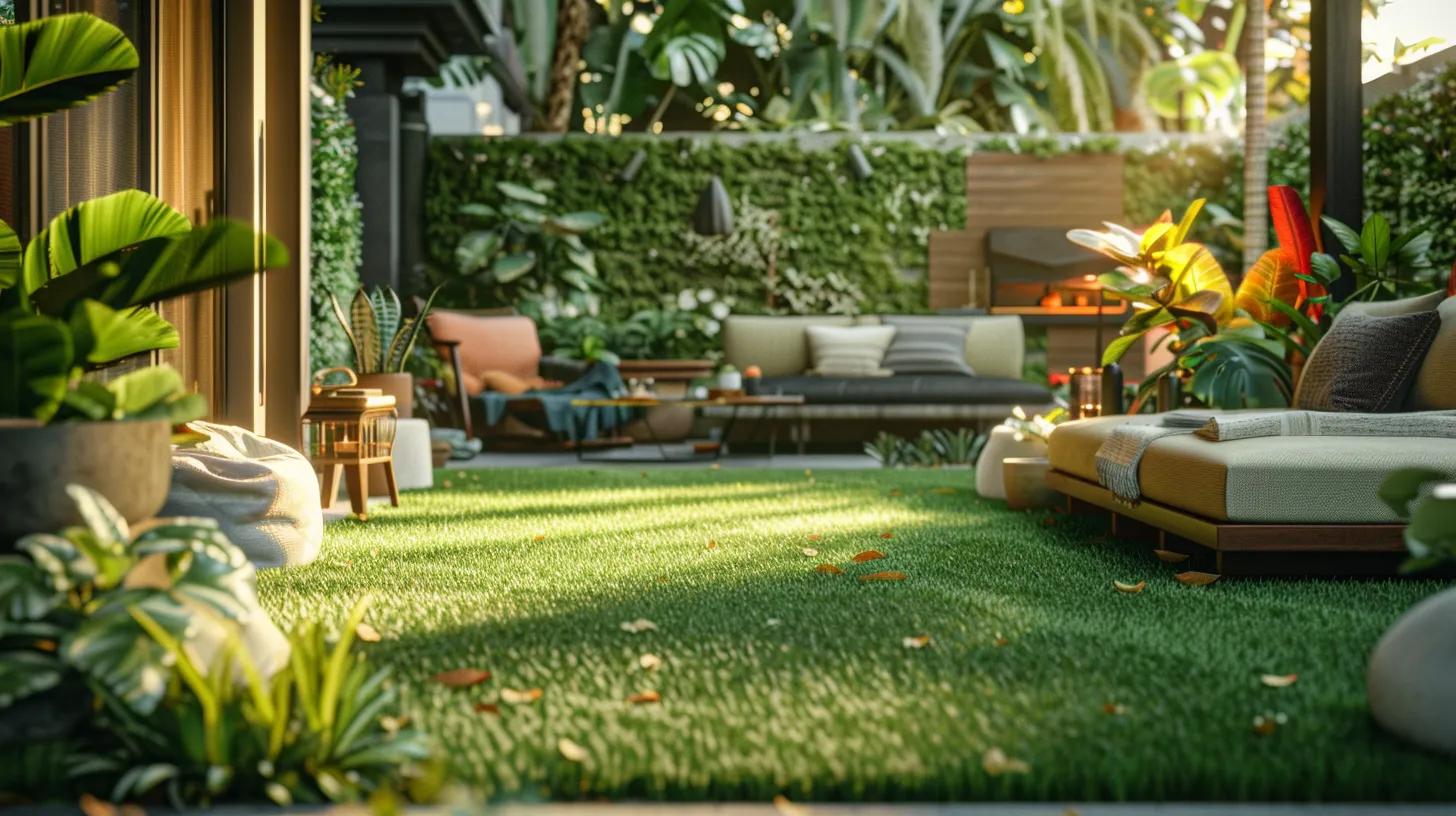 a vibrant, expertly designed urban backyard showcases lush artificial turf that elegantly intermingles with stylish outdoor furniture and unique decor, embodying a modern and low-maintenance lifestyle.