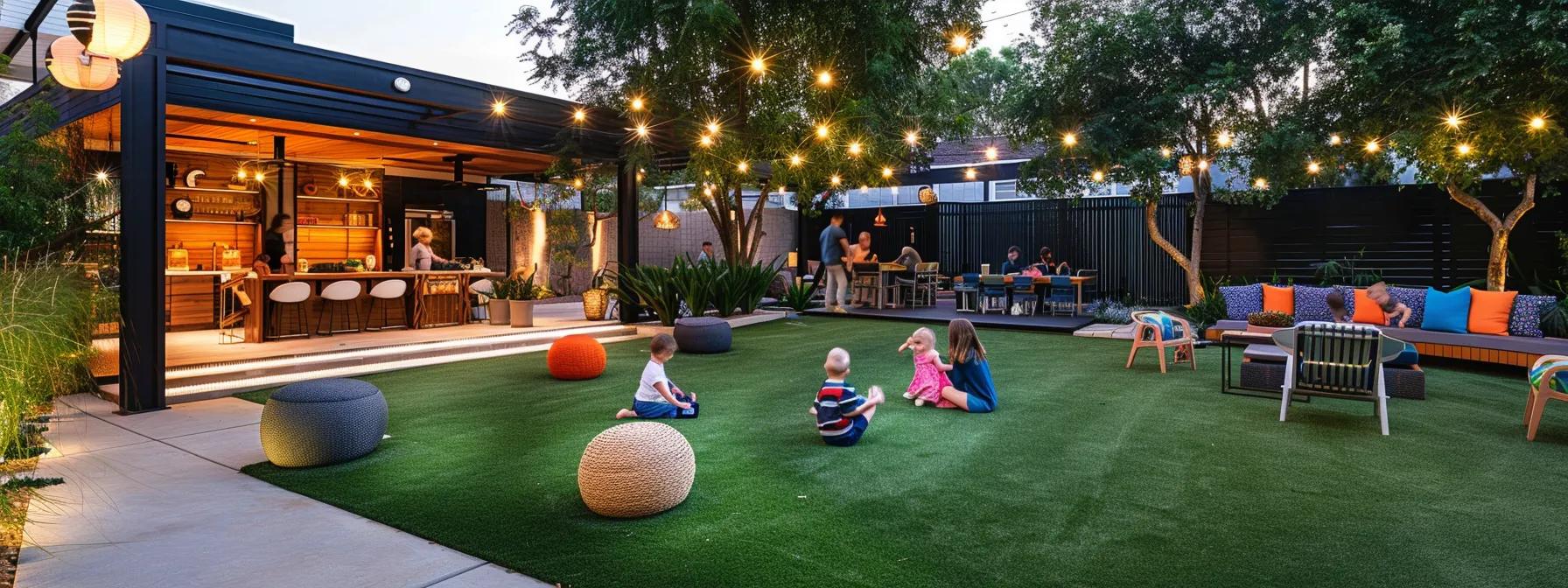 a vibrant family-friendly backyard features a flawless expanse of lush artificial turf, where children joyfully play and pets run freely, all set against a stylishly furnished outdoor entertainment area, inviting social gatherings regardless of weather.
