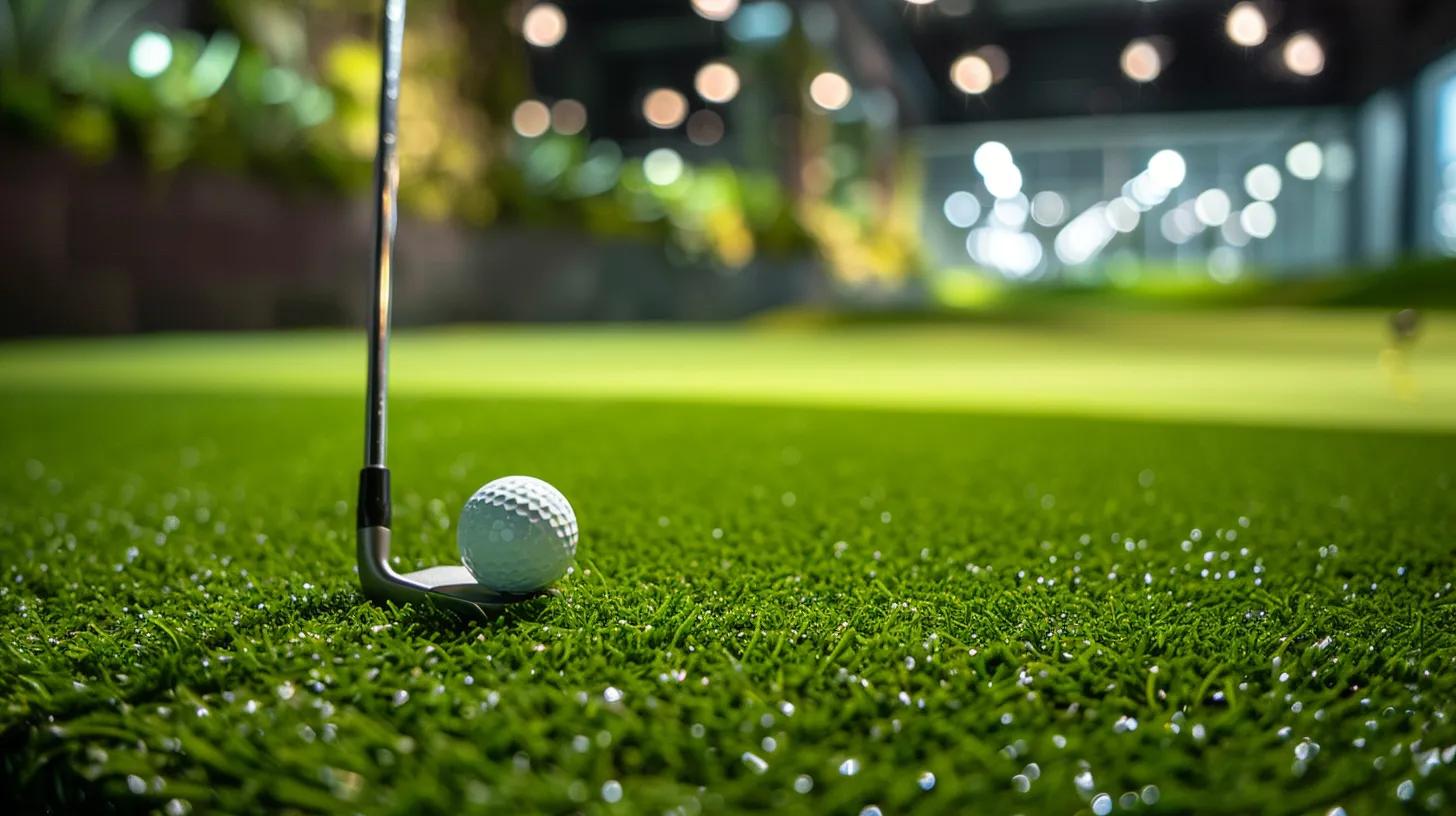 a vibrant indoor golf putting green, showcasing a synthetic turf surface that glistens under bright artificial lighting, designed to highlight its optimal playability and resilience against diverse weather conditions such as rain and snow.