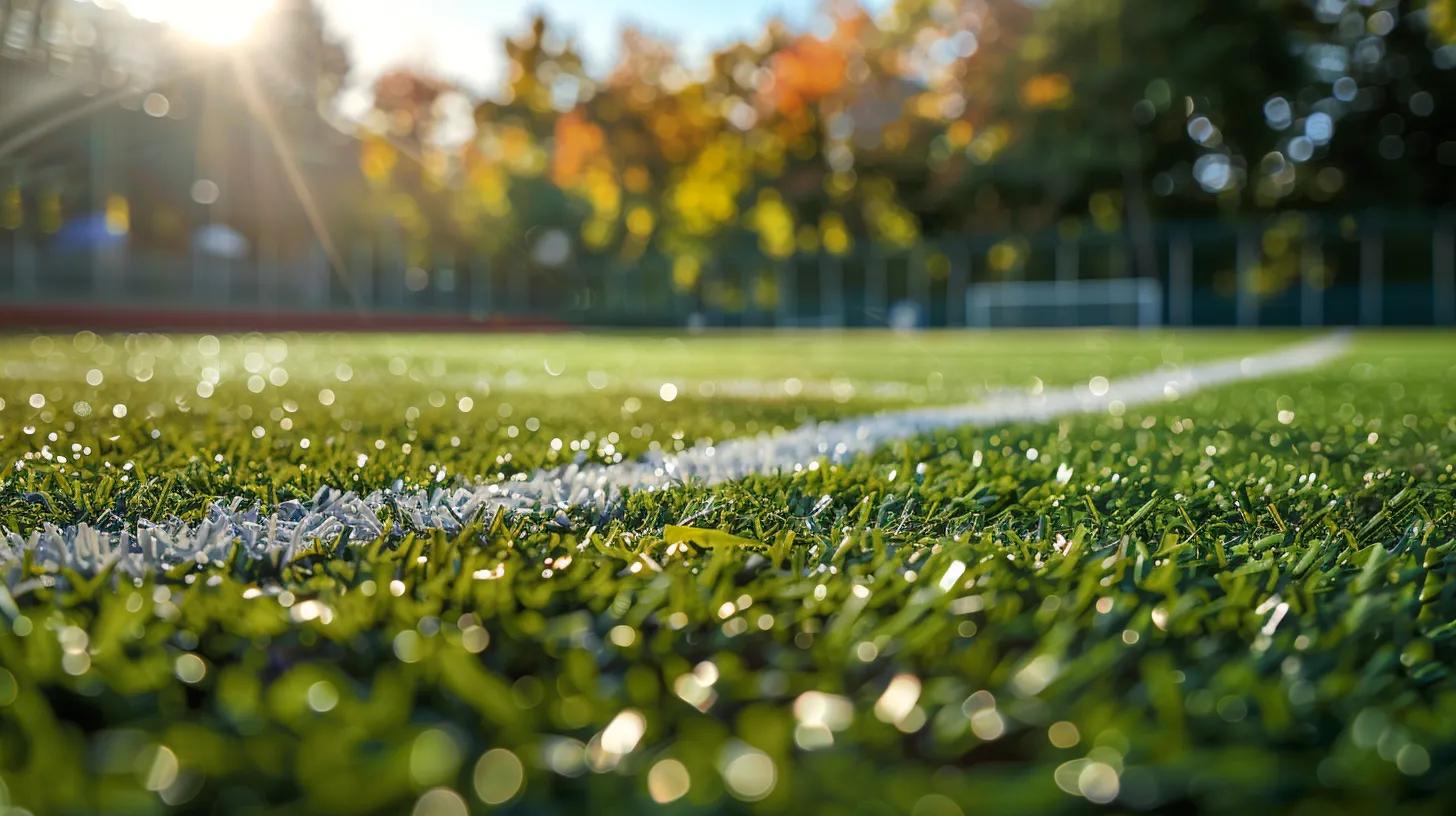 a vibrant, meticulously maintained sports field featuring realistic turf serves as the backdrop for an exciting game in a bustling urban stadium, showcasing the energy and enthusiasm of the crowd.