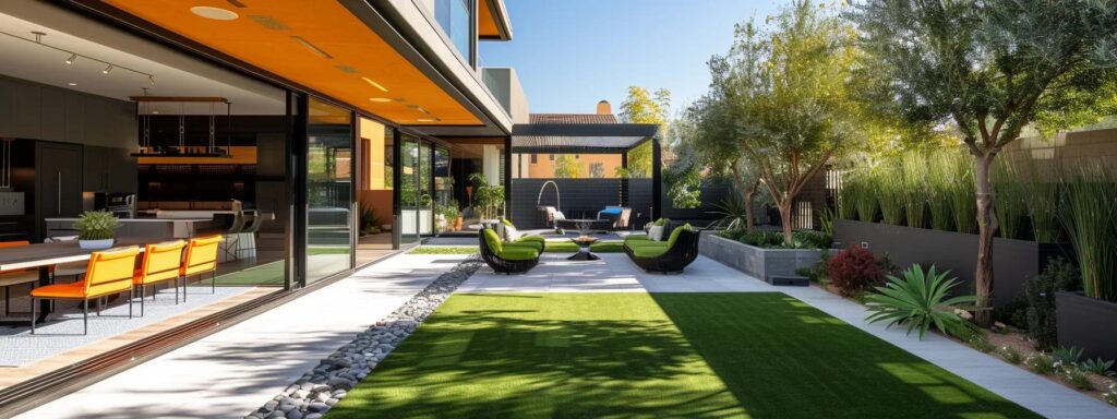 a vibrant, modern backyard featuring a pristine artificial turf lawn, accented by stylish outdoor furniture and a decorative patio, showcasing the clean lines and low-maintenance appeal of synthetic grass in an upscale residential setting.