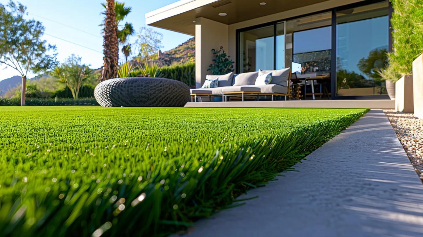 a vibrant, modern backyard in phoenix showcases luxurious artificial grass, highlighting its pristine, maintenance-free appearance with contemporary outdoor furniture and a stylish patio setting under a clear blue sky.
