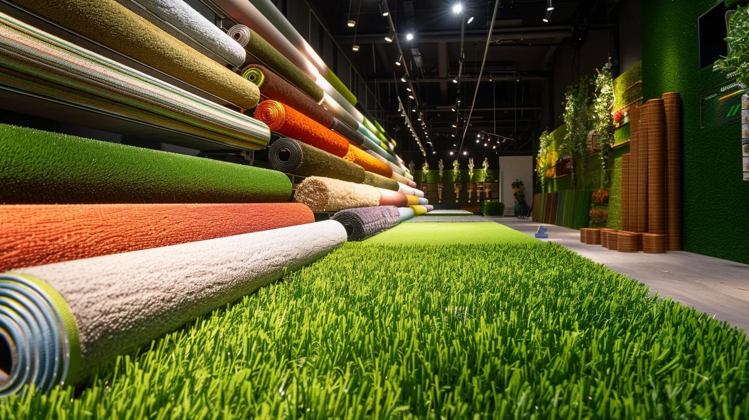 a vibrant showroom showcases a wide array of wholesale artificial turf grass rolls, illuminated by sleek overhead lighting, highlighting their rich textures and vivid colors in a modern, spacious indoor setting.