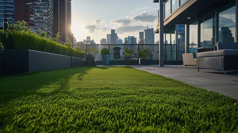 a vibrant, urban landscape features a striking installation of lush astro turf spread across a modern rooftop terrace, highlighting the innovative use of synthetic grass in contemporary design.