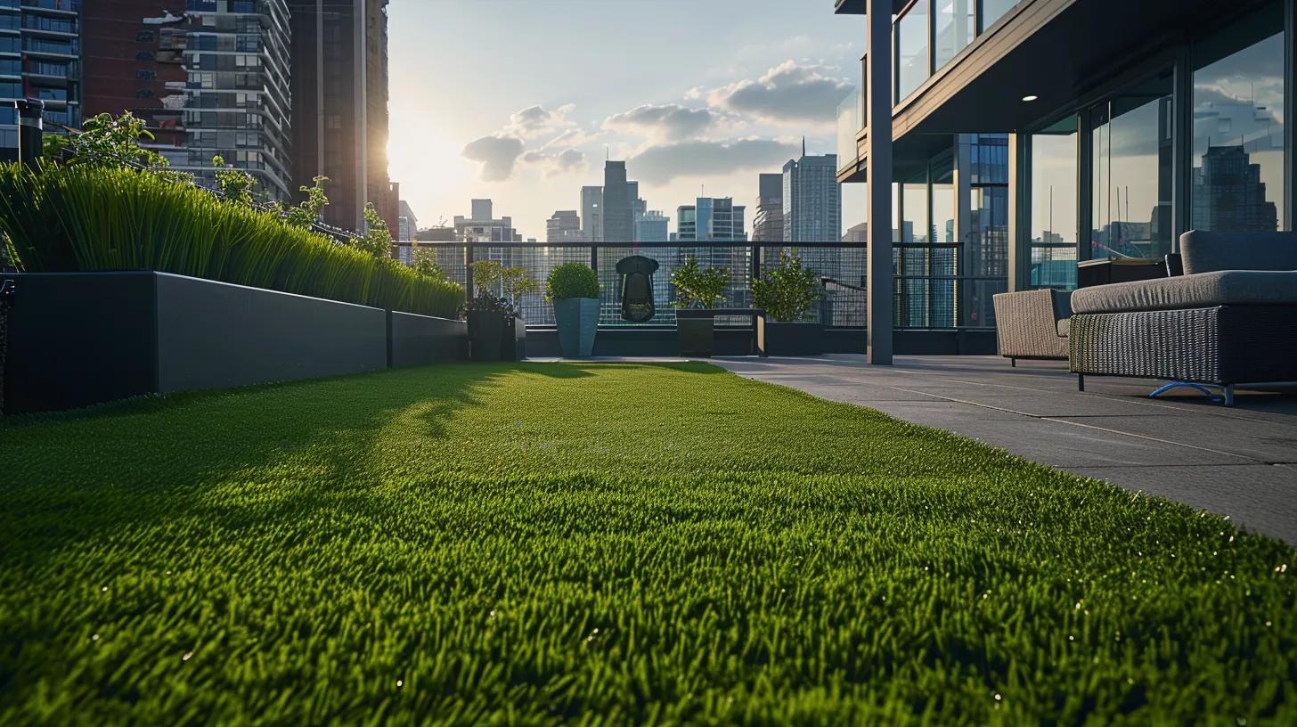a vibrant, urban landscape features a striking installation of lush astro turf spread across a modern rooftop terrace, highlighting the innovative use of synthetic grass in contemporary design.