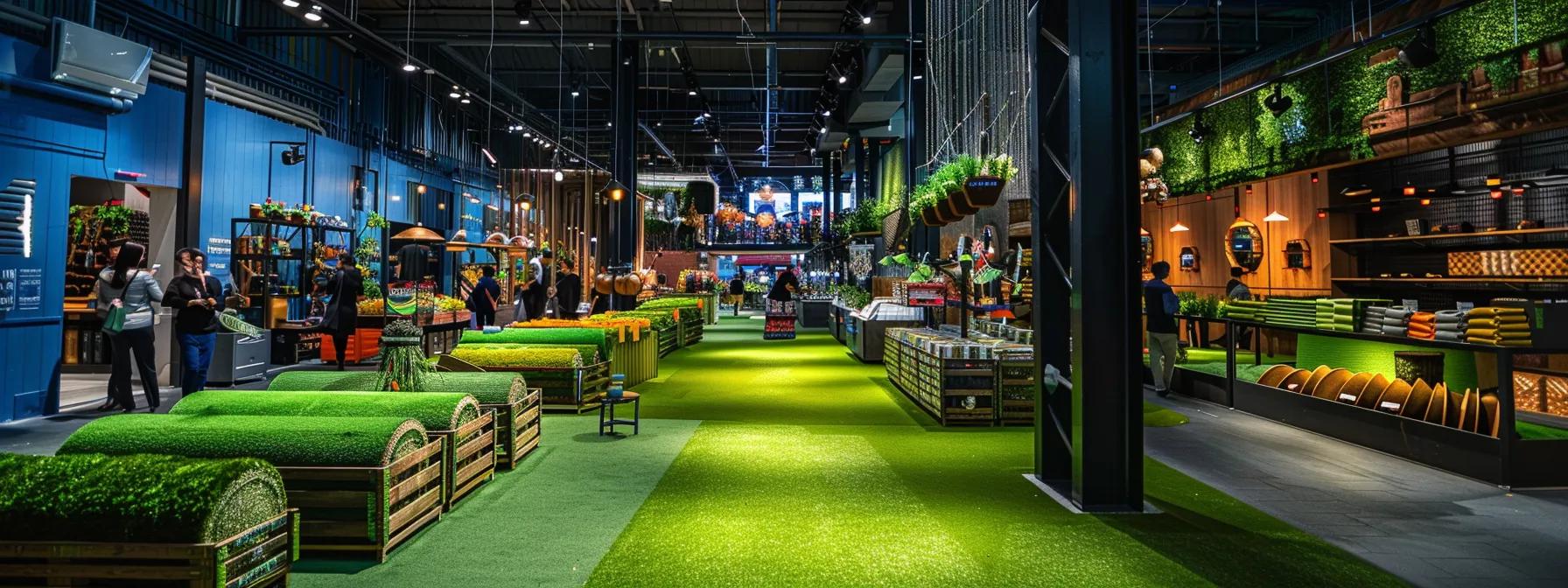 a vibrant urban landscape showcases a bustling turf marketplace, with neatly arranged rolls of lush green turf and engaged sellers interacting with enthusiastic customers, all illuminated by bright artificial lighting that highlights the rich textures of the turf.