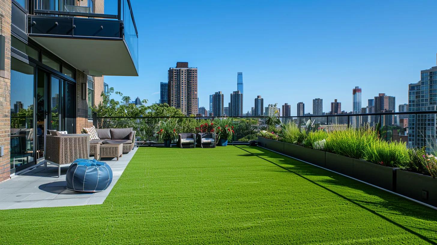 an upscale urban balcony features a pristine artificial lawn, showcasing vibrant green turf meticulously arranged around stylish outdoor furniture, with a clear blue sky and city skyline providing a modern backdrop.