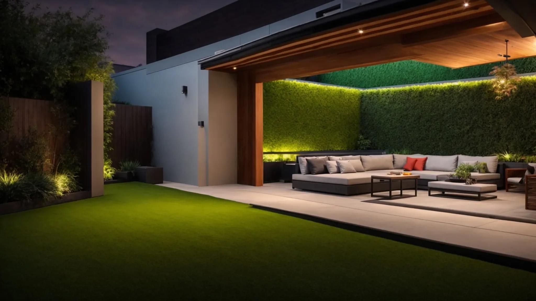 a sleek backyard setting features a vibrant expanse of artificial turf, effortlessly showcasing its flawless, lush appearance under bright overhead lighting, illustrating the ease of maintenance compared to a traditional lawn.