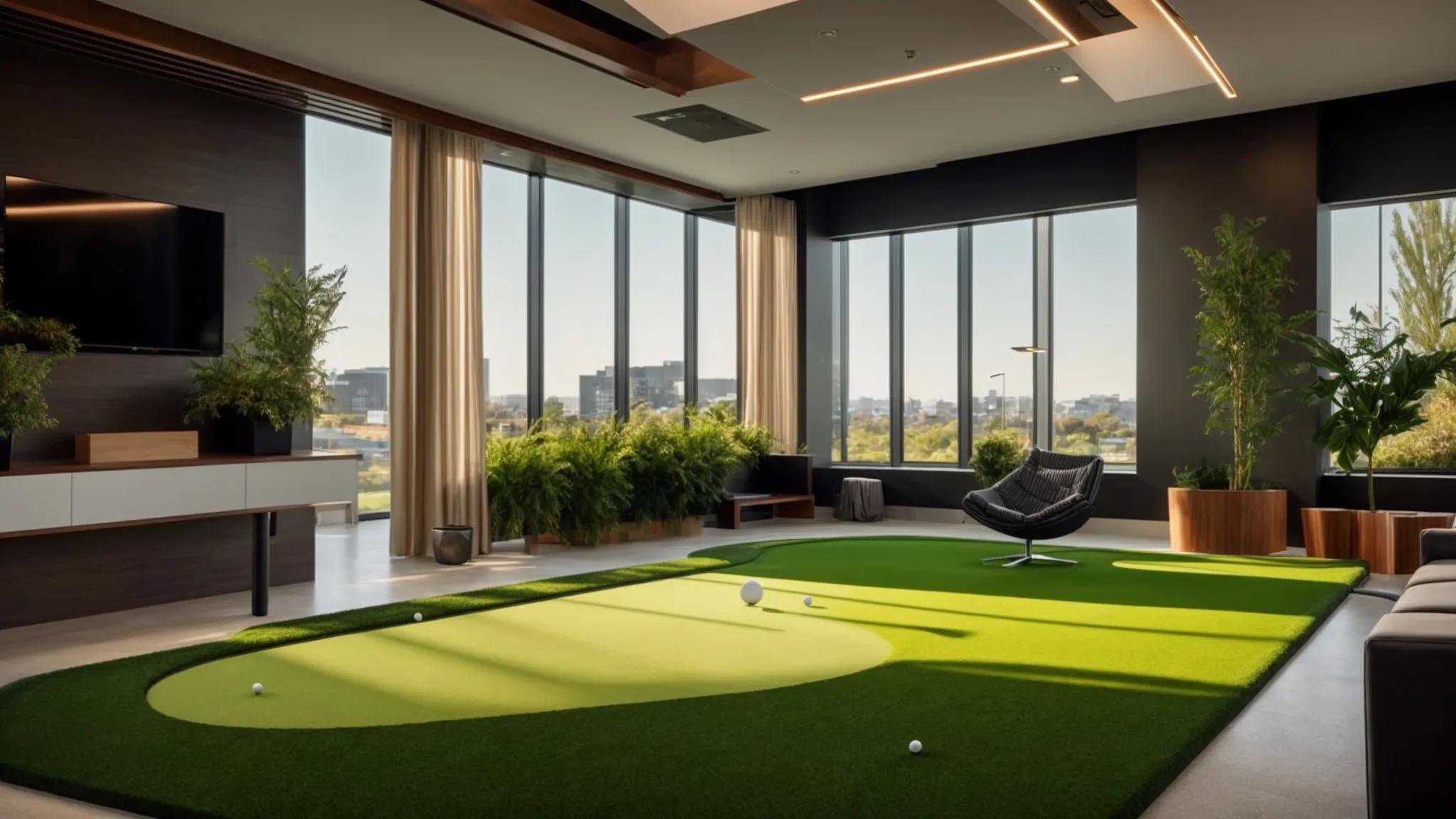 a sleek, modern office setting showcases a vibrant artificial turf putting green, emphasizing its smooth surface, consistent ball roll, and customizable features against a backdrop of sophisticated interior design and minimal maintenance equipment.