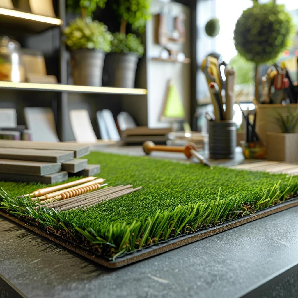 a well-organized indoor workspace showcases a step-by-step artificial grass installation process, featuring neatly arranged tools and materials on a polished countertop, with clear instruction visuals displayed prominently in an inviting and modern setting.