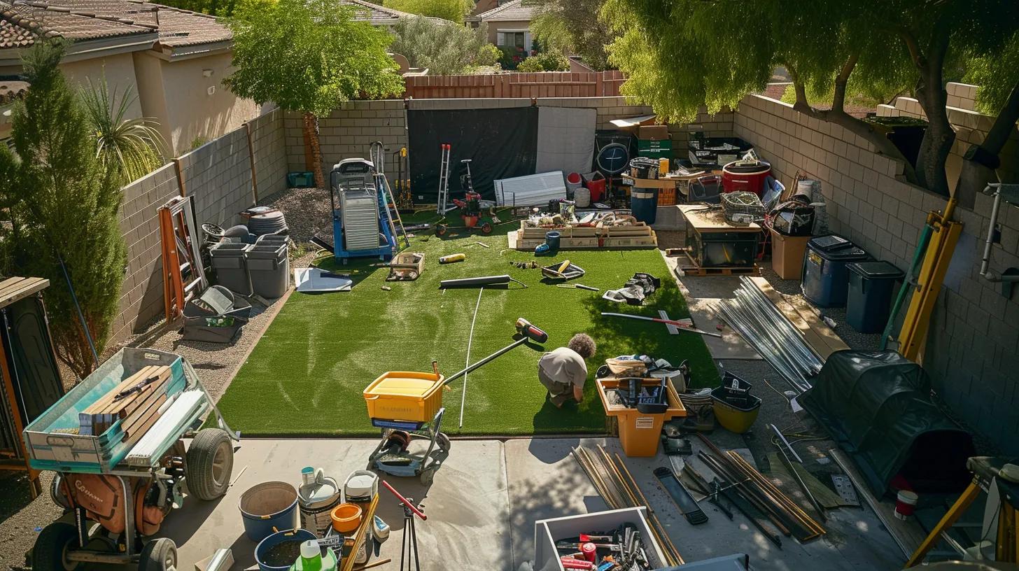 a meticulously organized urban workshop showcases professionals expertly preparing a yard surface with precise tools and equipment, readying for a flawless artificial turf installation in arizona.