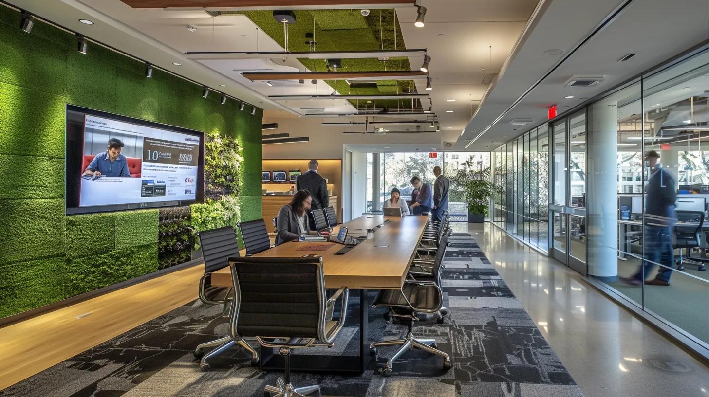 a modern office space features a sleek conference table surrounded by professionals examining a detailed financial report on artificial grass investment, highlighted by vibrant green turf samples and a digital display showcasing cost savings.