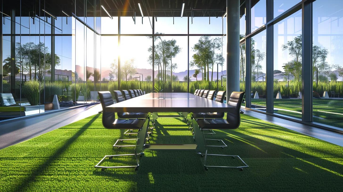 a sharply defined office setting features a sleek conference table surrounded by samples of vibrant, high-performance artificial grass designed for arizona's climate, with a backdrop of bright sunlight streaming through large windows highlighting the products' durability against harsh conditions.