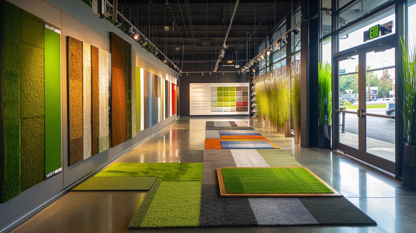 a brightly lit modern office space features a sleek display of various high-quality artificial turf samples, each vividly showcasing textures and colors suited for the demanding phoenix climate, emphasizing durability against intense heat and dust.
