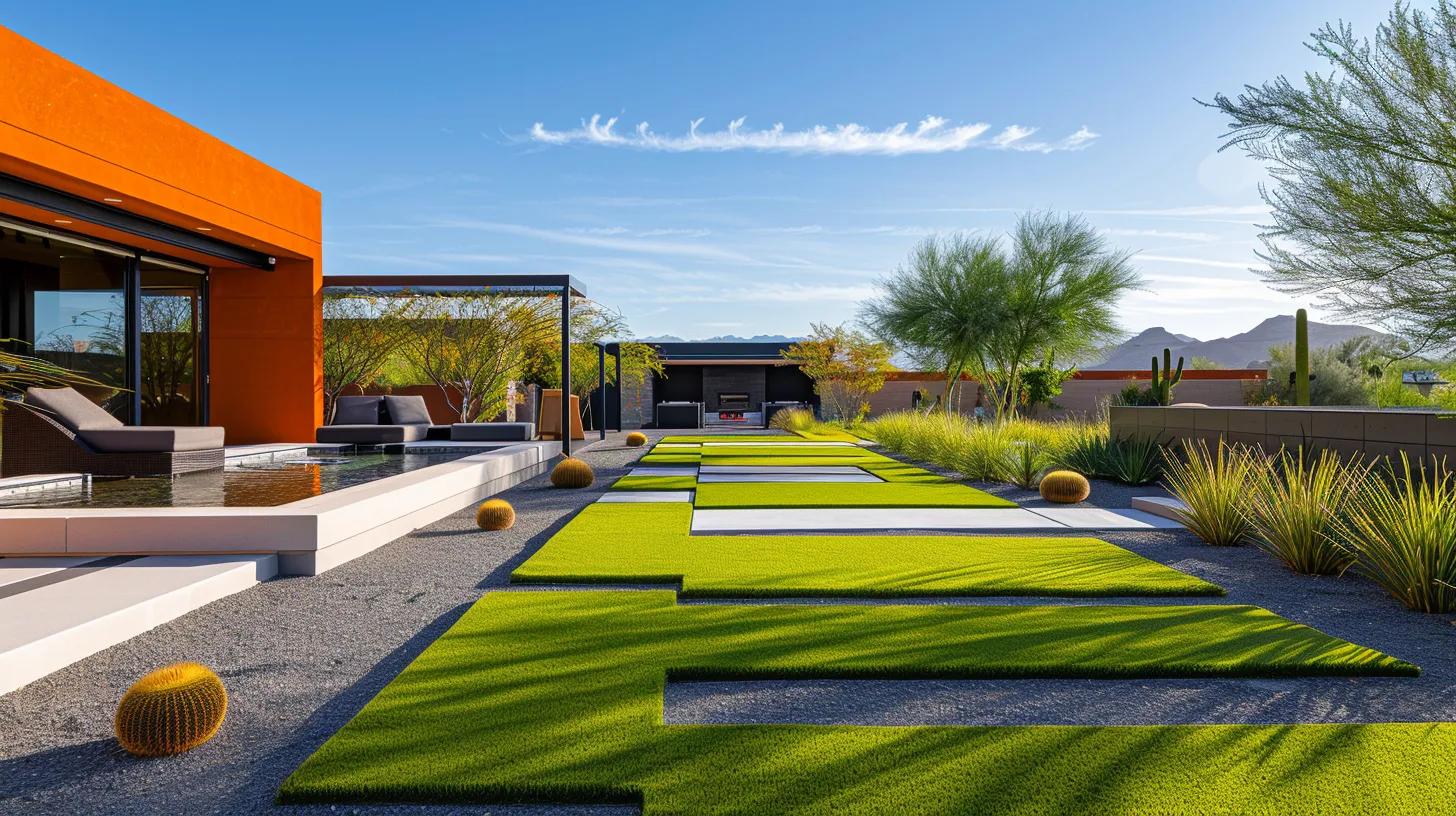 a vibrant display of premium synthetic turf showcased in a modern arizona backyard, featuring sleek geometric designs and bold colors under a clear blue sky, emphasizing durability and aesthetic appeal for desert landscapes.