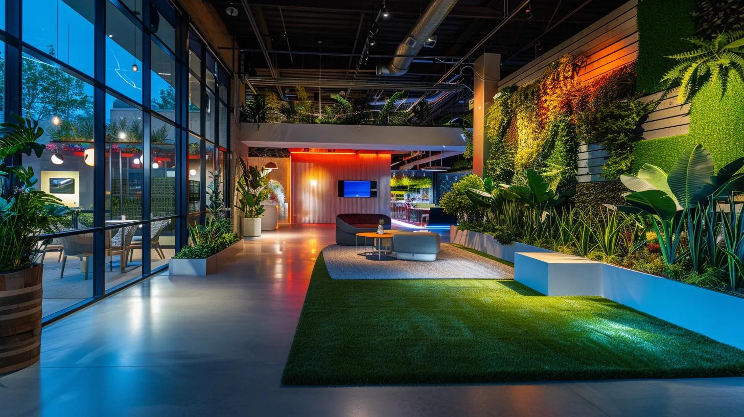 a vibrant showroom featuring realistic artificial turf in various textures and colors, illuminated by bright overhead lights, showcases the versatility and appeal of discount landscaping solutions in a sleek, modern urban setting.