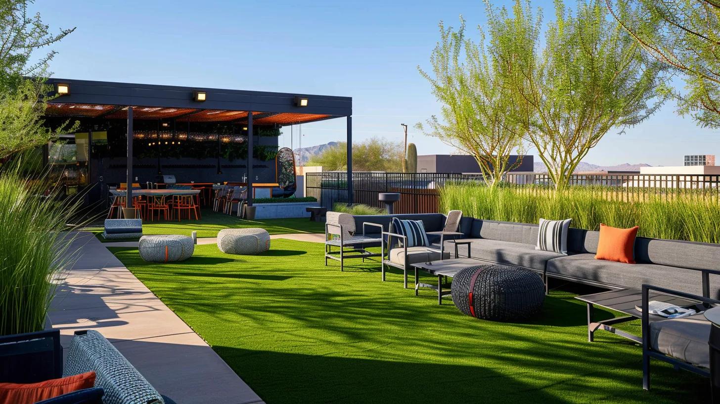 a vibrant urban rooftop transformed with seamless, synthetic green turf, dotted with stylish outdoor furniture, creating a modern recreational space for relaxation and social gatherings in the heart of phoenix.