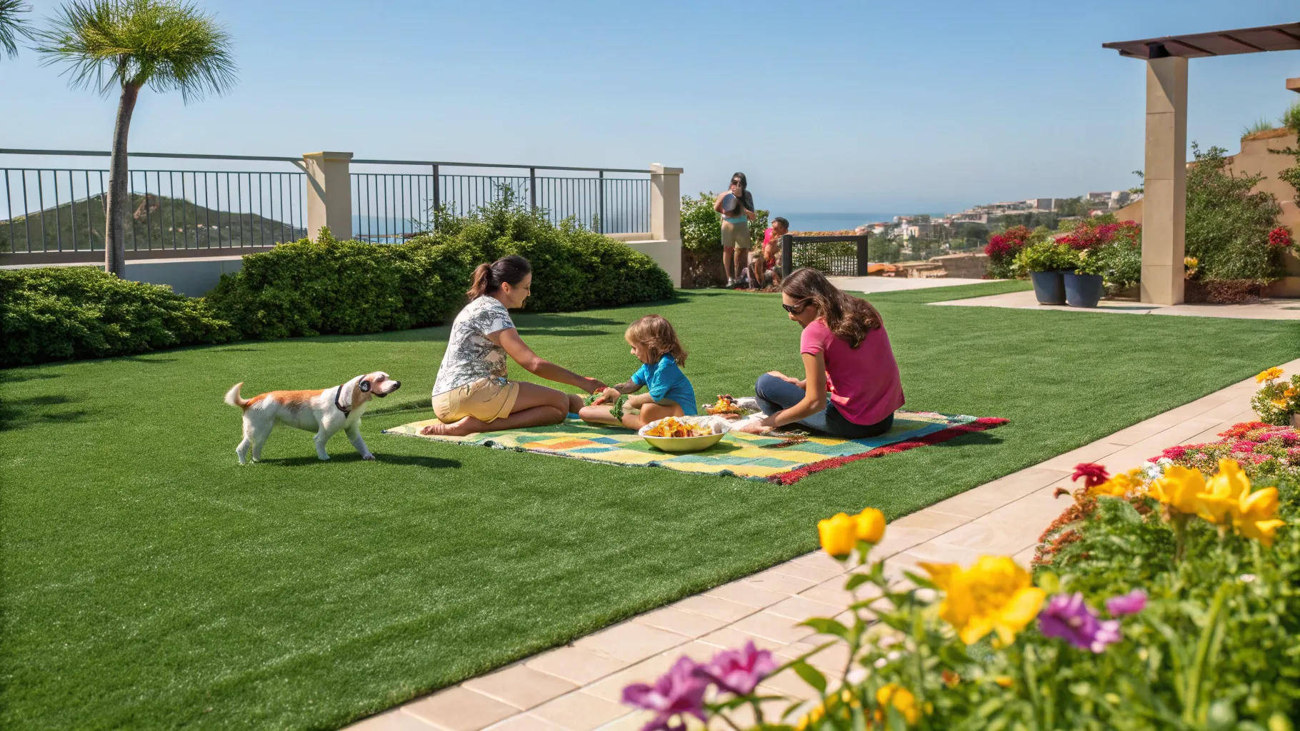 A family enjoys a picnic on an upgraded lawn, with a small dog nearby. Bright flowers border the grass—whether real or artificial turf—and two children play in the background. A scenic view with blue sky is visible beyond the fence.