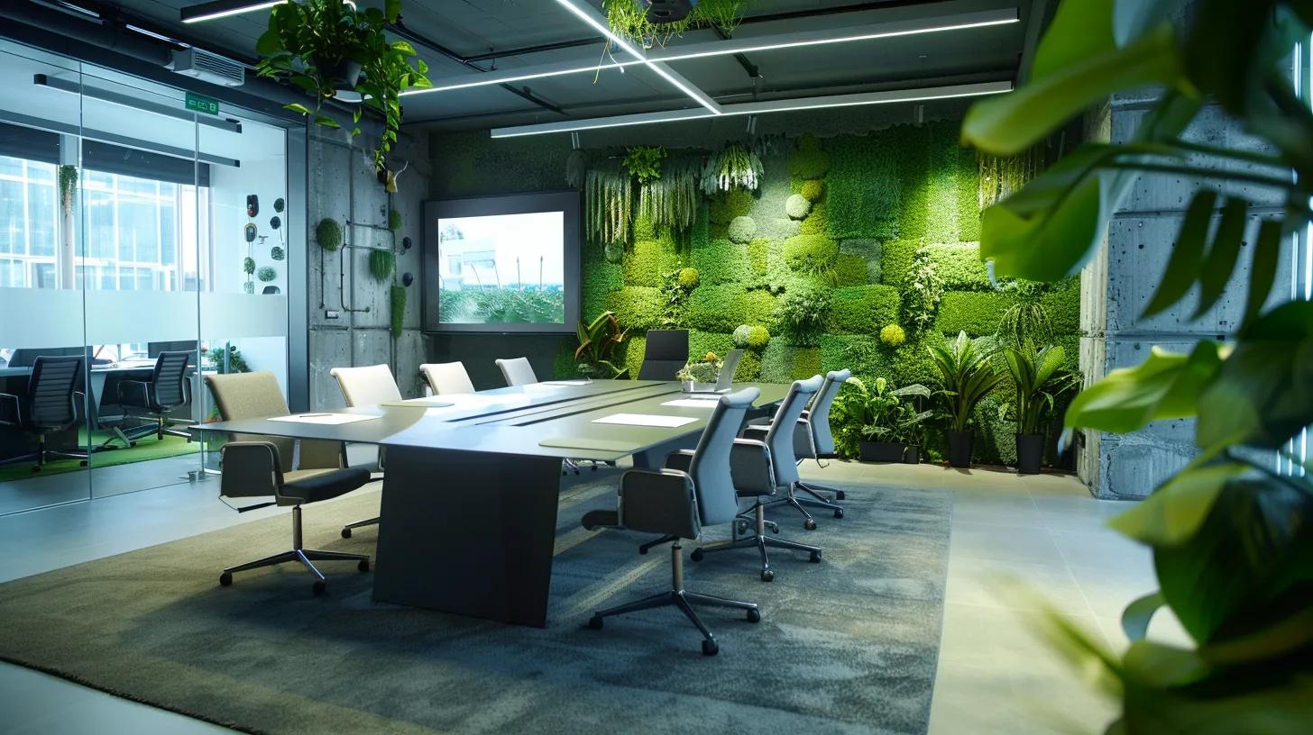 a modern office meeting room filled with professionals engaged in a discussion, surrounded by samples of high-quality artificial grass displayed on a sleek conference table, emphasizing the strategic decision-making process for selecting the ideal wholesale supplier.
