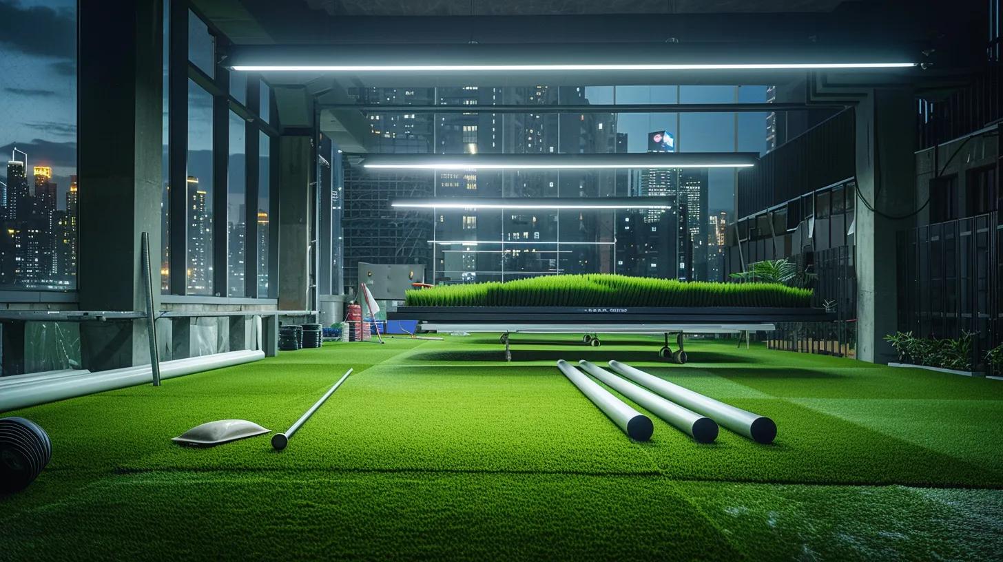 an expertly organized turf installation workshop showcases professionals meticulously laying vibrant synthetic grass on a pristine urban rooftop, illuminated by sleek overhead lights that enhance the modern ambiance.