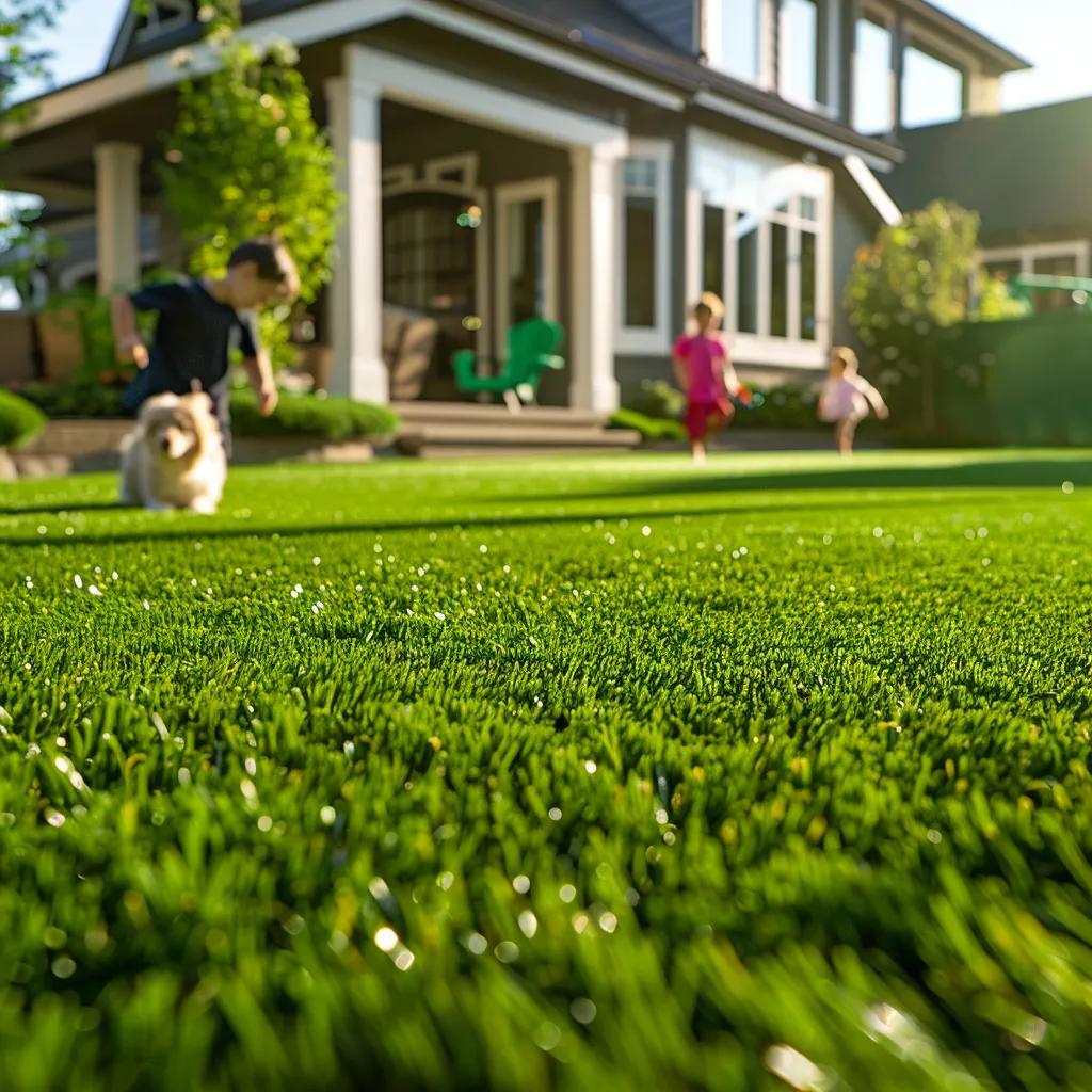 Lush green artificial grass lawn with a family enjoying outdoor activities