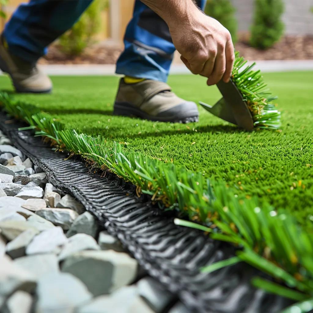 Homeowner following step-by-step installation procedures for artificial grass
