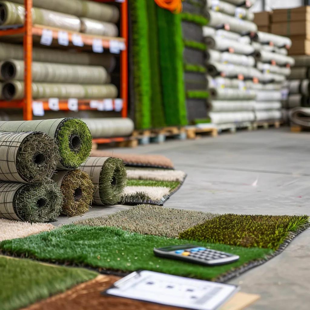 Homeowner comparing prices of wholesale artificial grass rolls in a warehouse