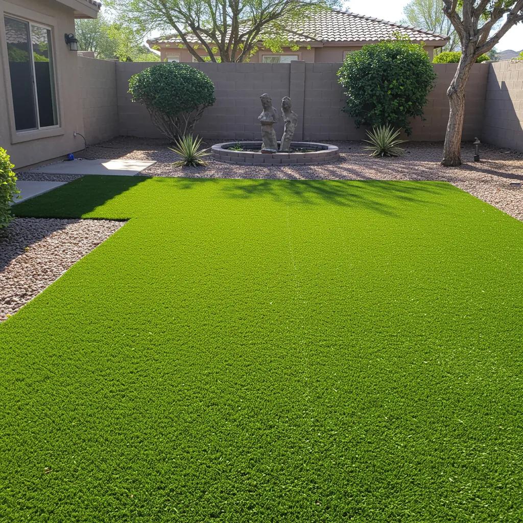 Vibrant artificial grass lawn in a sun-drenched Phoenix backyard, showcasing the advantages of synthetic turf