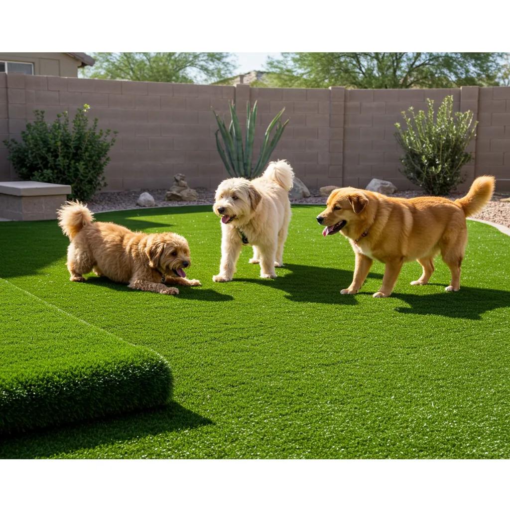 Dogs enjoying pet-friendly artificial grass in a Phoenix backyard, highlighting its features