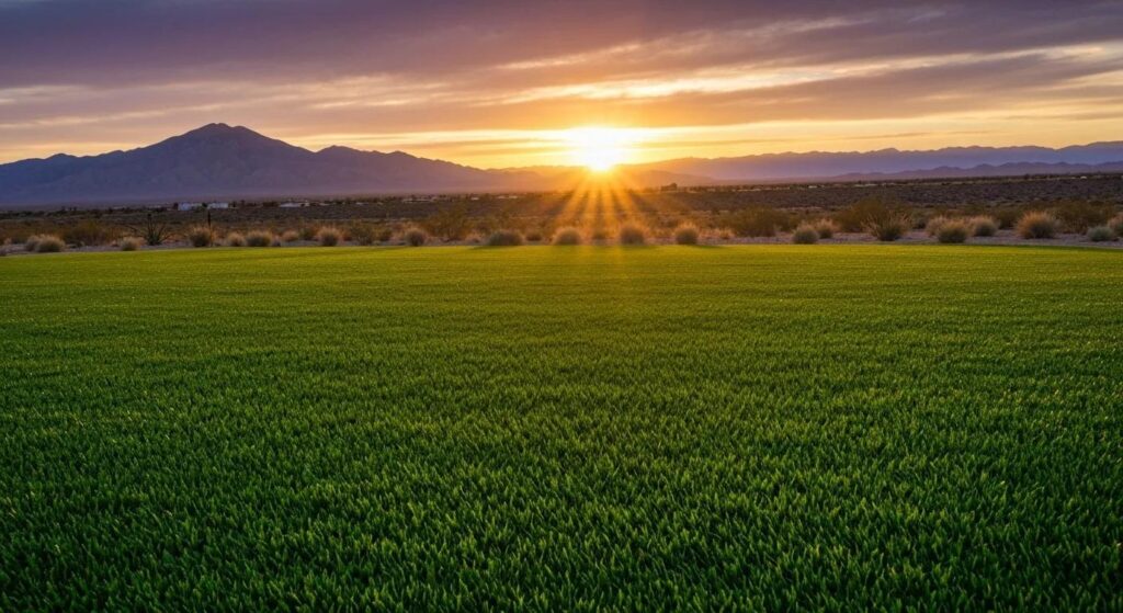 Sunrise over lush green artificial grass field with mountains in the background, highlighting eco-friendly outdoor space options.