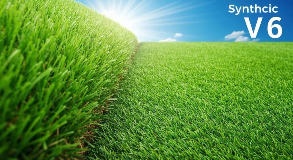Synthetic grass turf with vibrant green blades and sunlight shining in the background, labeled "Synthetic V6," representing high-quality artificial grass for outdoor spaces.