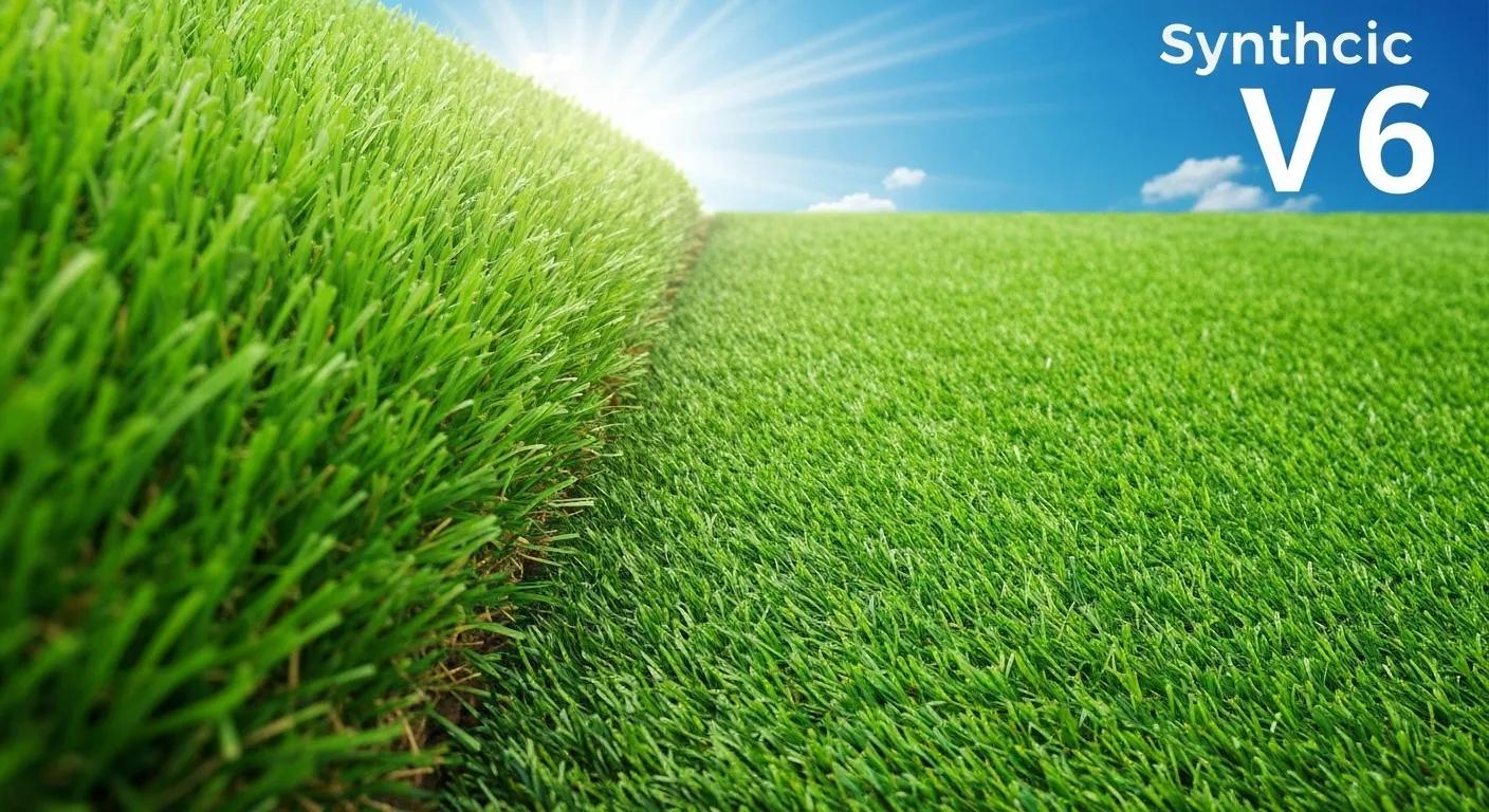 Comparison of synthetic turf and natural grass in a bright outdoor setting, showcasing textures and uses