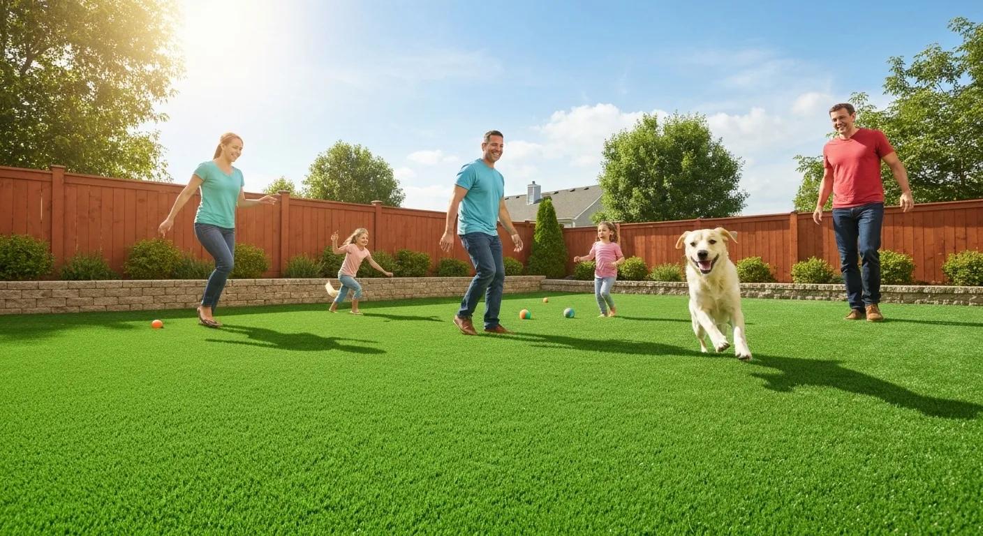Lush backyard with artificial grass, family playing, and dog running