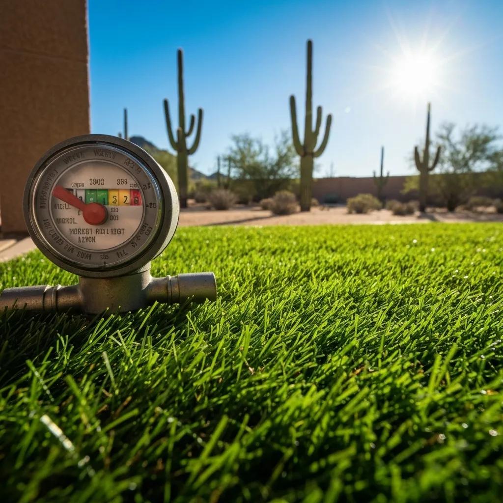 A close-up of a water meter positioned next to artificial grass, visually representing water conservation