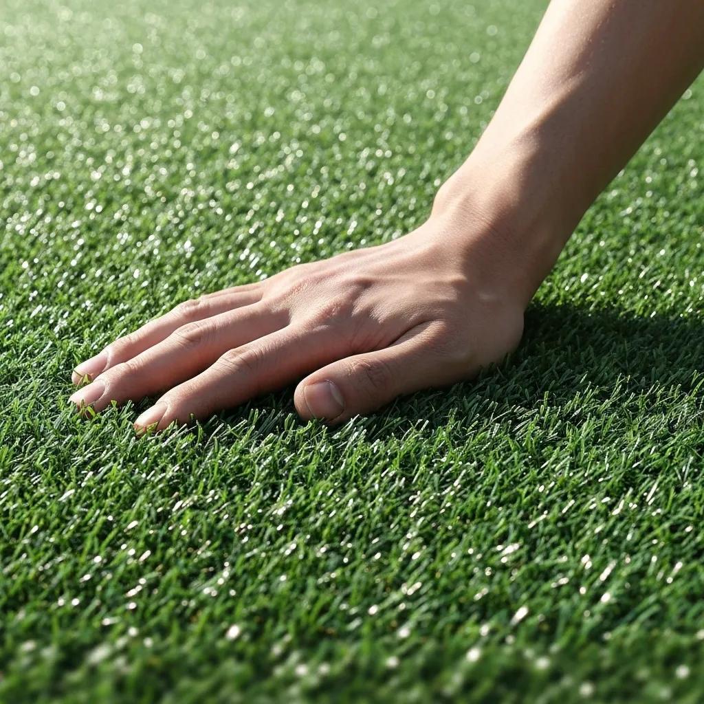 Detailed view of heat-resistant artificial turf fibers, highlighting cooling technology under direct sunlight